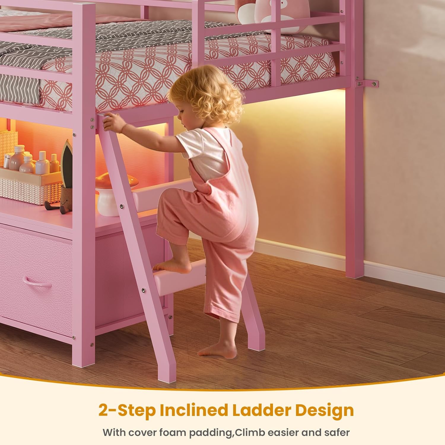 ADORNEVE Low Loft Bed Twin Size with 7 Storage Drawers, Bookcase and LED Lights, Metal Kids Loft Bed with 14" H Safety Guardrail,Inclined Ladder and Play Curtain, Under-Bed Play Space,Pink