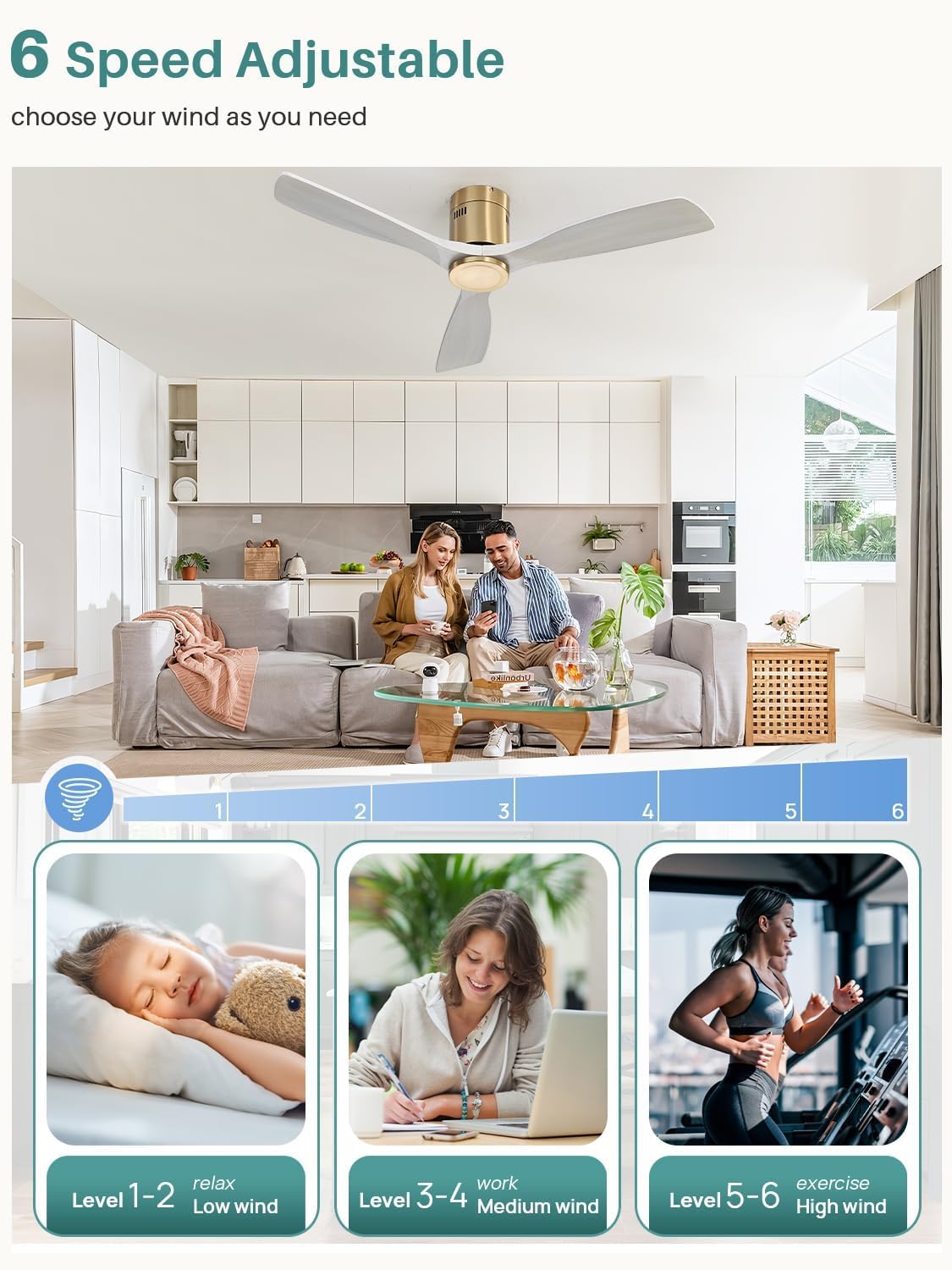 Sofucor 52 Inch Smart Ceiling Fan Without Lights Flush Mount Solid Wood Ceiling Fan with Alexa/Google Assistant/APP/Remote Control-Modern Outdoor Ceiling Fans No Light for Bedroom/Patio, Grey Gold