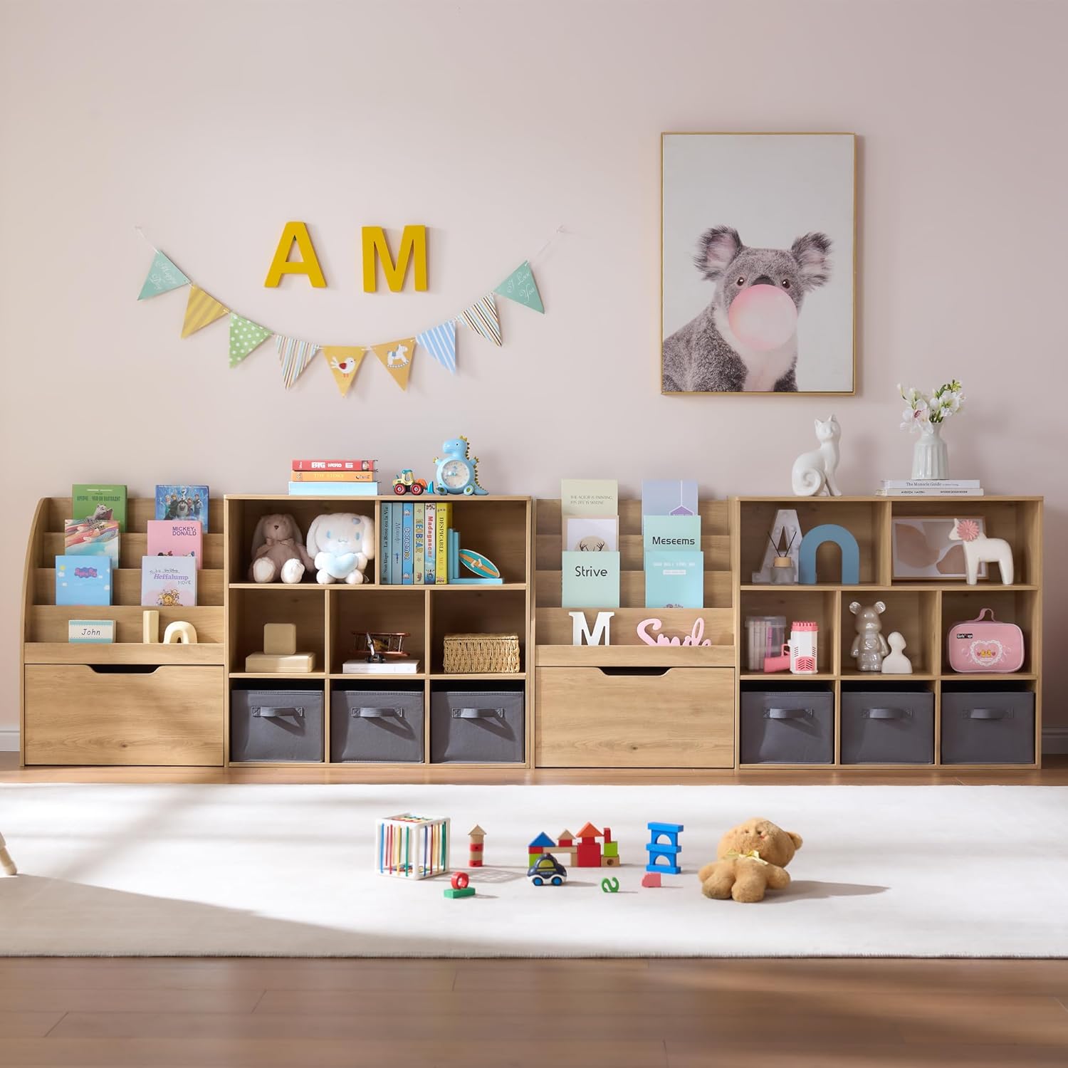 Fatmok Kids Bookshelf and Toy Storage, Toy Storage Organizers with Movable Drawers & 3 Storage Bins, Kids Reading Nook Toy Organizers Shelf with 5 Cubbies, Natral Wood