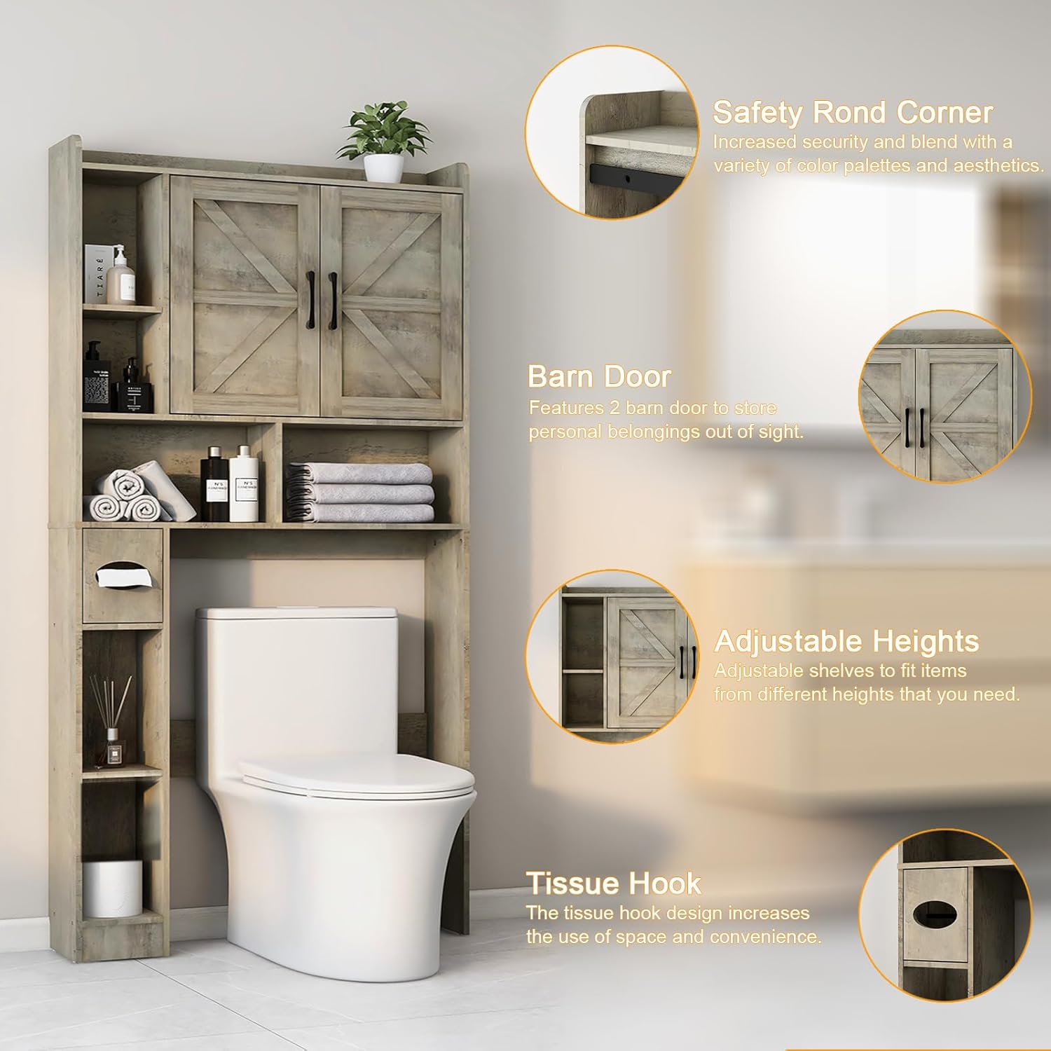 Vabches Over The Toilet Storage Cabinet, Farmhouse Storage Cabinet Over Toilet with 2 Barn Door & Toilet Paper Holder Stand，Home Space-Saving Toilet Rack, for Bathroom, Restroom, Laundry