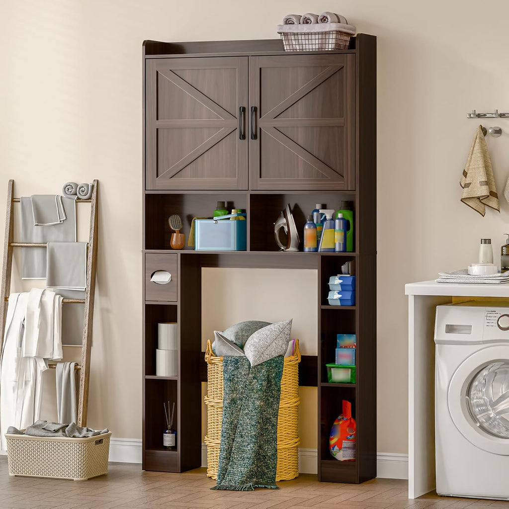 Over The Toilet Storage Cabinet, Farmhouse Toilet Cabinet Rack with Barn Doors, Space Saving Bathroom Organizer with Shelves, Toilet Paper Holder and Towel Rack for Bathroom,Restroom,Laundry,Espresso
