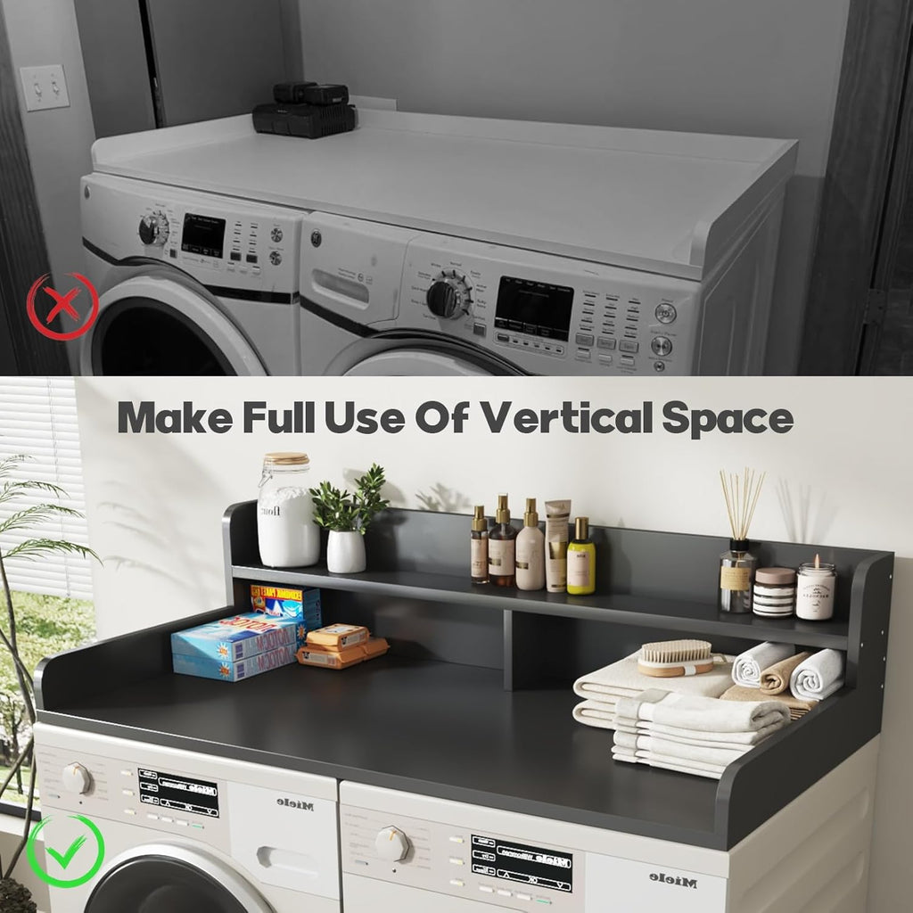 2-Tier Washer and Dryer Countertop with 2.75" H Guard,54" W x 27.5" D Laundry Countertop Cover with Non-Slip Pad,Large Space Laundry Topper for Folding Clothes Over Washer and Dryer-Black