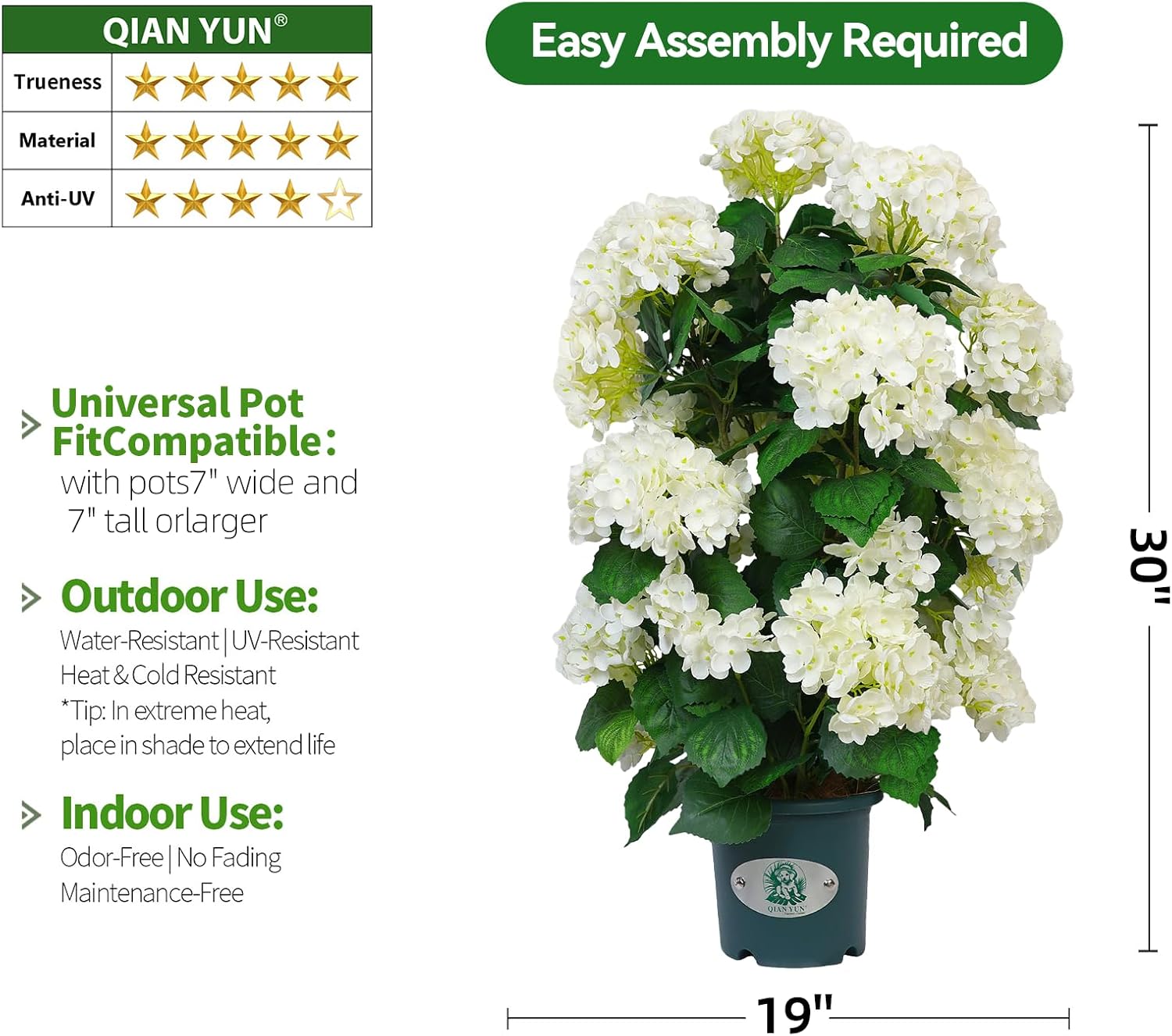 QIANYUN Faux Hydrangea Tree 30" Tall (2 Pack), Artificial Hydrangea Plant in Pot with White Flowers, Realistic Hydrangea Tree for Indoor Outdoor Porch, Patio, Home Decor