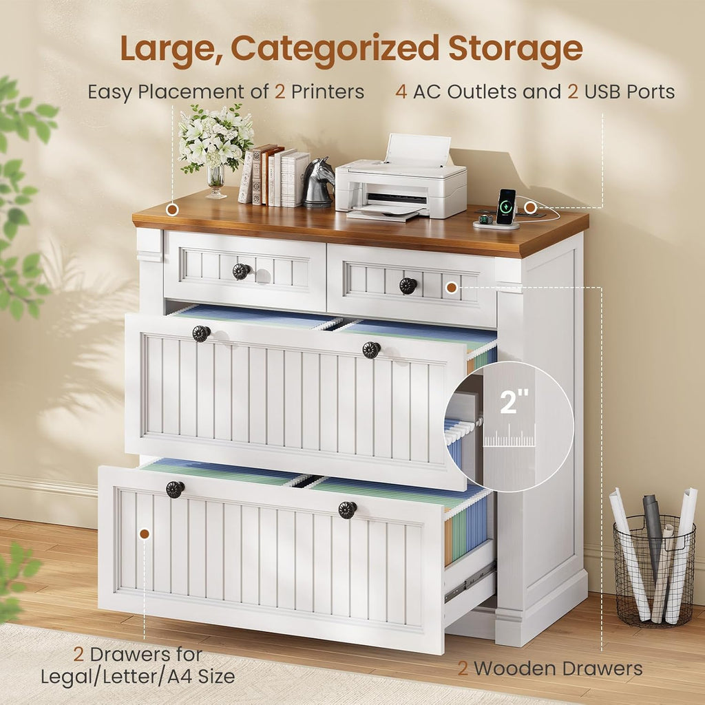 SEDETA 4 Drawers File Cabinet, 33" Farmhouse Filing Cabinets for Home Office fit Legal/Letter/A4 File, Wood Office File Cabinet with Power Outlets, Printer Stand with Storage, White+Brown
