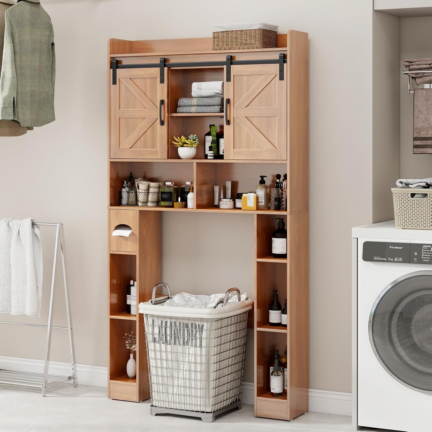 Vabches Farmhouse Storage Cabinet Over Toilet with Sliding Doors, Home Space-Saving Toilet Rack, Over The Toilet Storage Cabinet, Open Storage Shelf, for Bathroom, Laundry, Restroom.Walnut