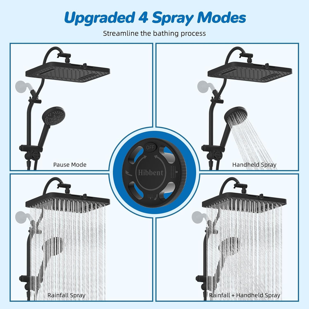 Hibbent cUPC Certified 13'' Shower Head Combo, High Pressure 5 Spray Rainfall Showerhead, 10 Spray Mode Handheld, All Metal Easy Reach 4-way Diverter Arm with Pause Mode, 71'' Hose and Holder, Black