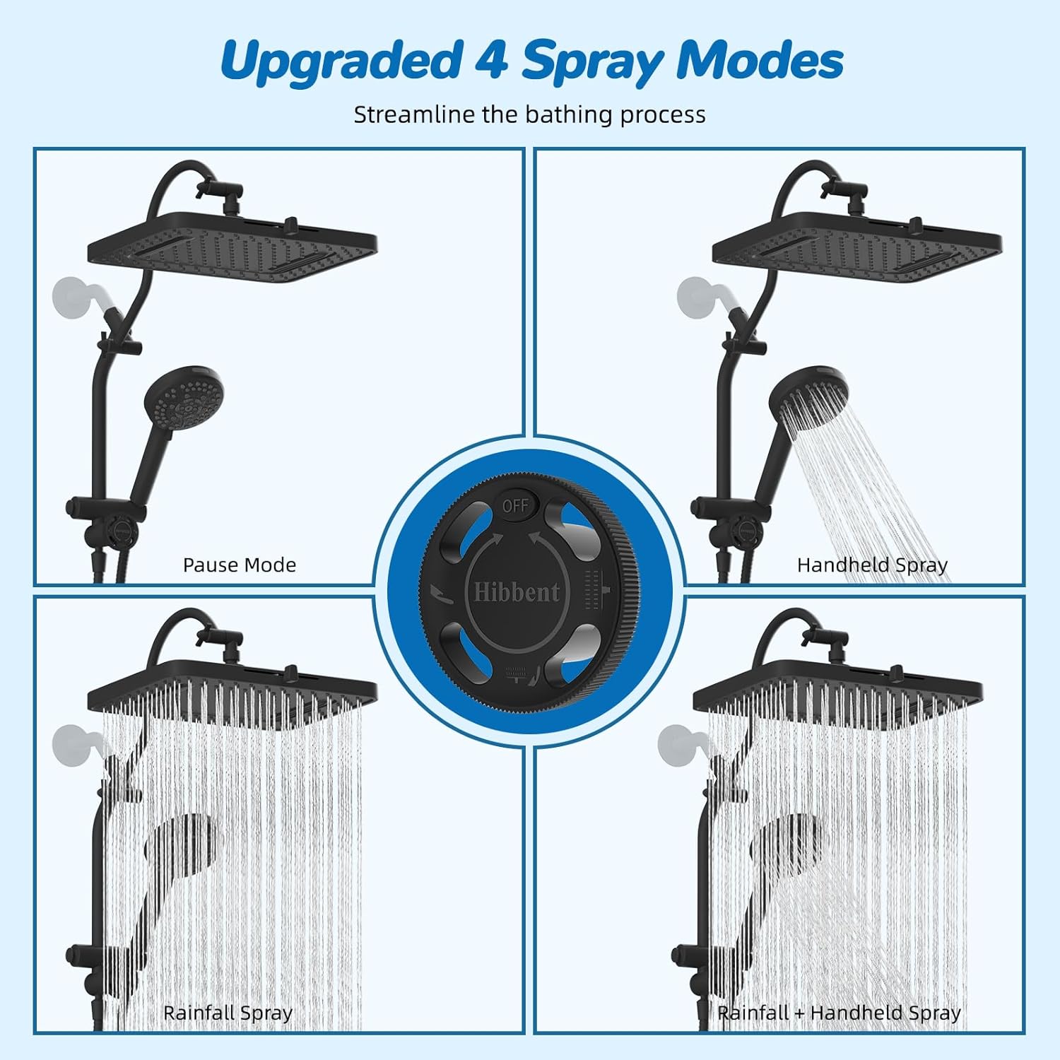 Hibbent cUPC Certified 13'' Shower Head Combo, High Pressure 5 Spray Rainfall Showerhead, 10 Spray Mode Handheld, All Metal Easy Reach 4-way Diverter Arm with Pause Mode, 71'' Hose and Holder, Black