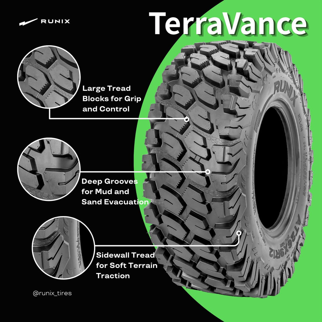RUNIX ATV UTV Radial Tires, RUNIX TerraVance, 27X9R14 Front, 27X11R14 Rare, Set of 4, SXS, Side by Side, Radial Tire, All Terrain, 6PR, Tubeless, 27X9-14, 27X11-14