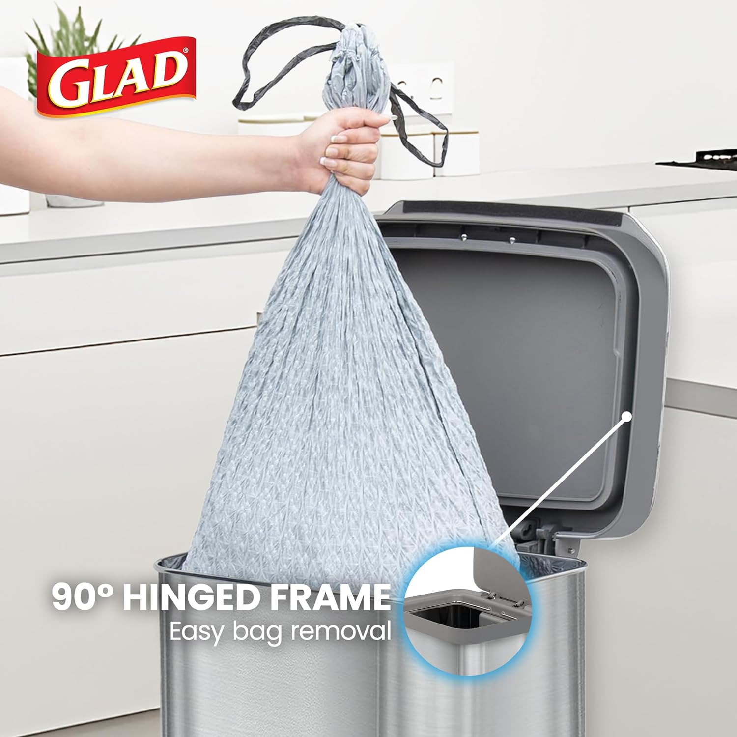 Glad Stainless Steel Step Trash Can, Series 2 with Clorox Protection - Large Metal Kitchen Garbage Bin with Soft Close Lid, Foot Pedal and Waste Bag Roll Holder, 20 Gallon