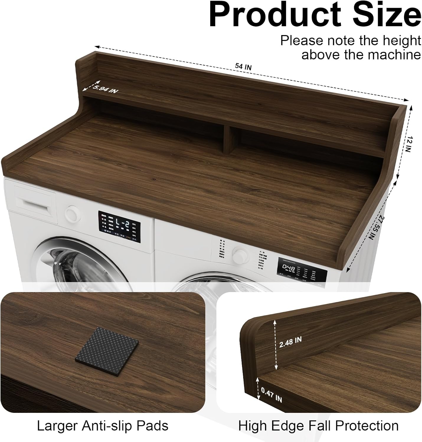 Washer Dryer Countertop, 54" x 27.55" 2-Tier Washer Dryer Topper with Edge, for Laundry Room Organization Walnut Brown