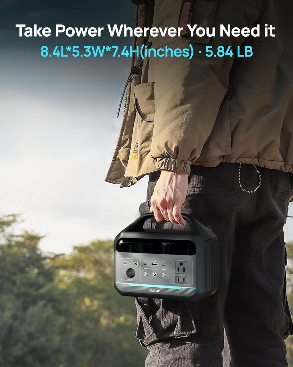 DARAN Portable Power Station 300W (Peak 600W),LiFePO4 Battery,192Wh Solar Generator(Solar Panel Optional), 2 AC Outlets, 60W USB-C PD Output, Outdoor Generator for Camping Travel Hunting Blackout
