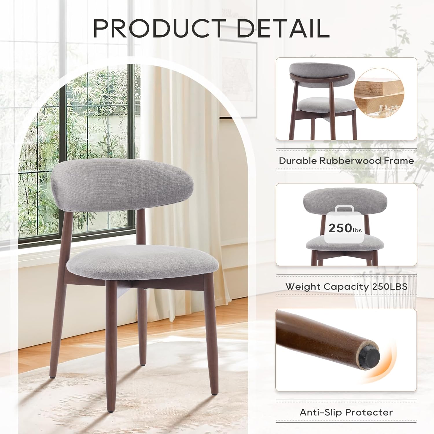 COLAMY Wooden Dining Chairs Set of 4, Modern Fabric Upholstered Dining Room Chair, Farmhouse Kitchen Chair with Foot Pegs, Light Grey