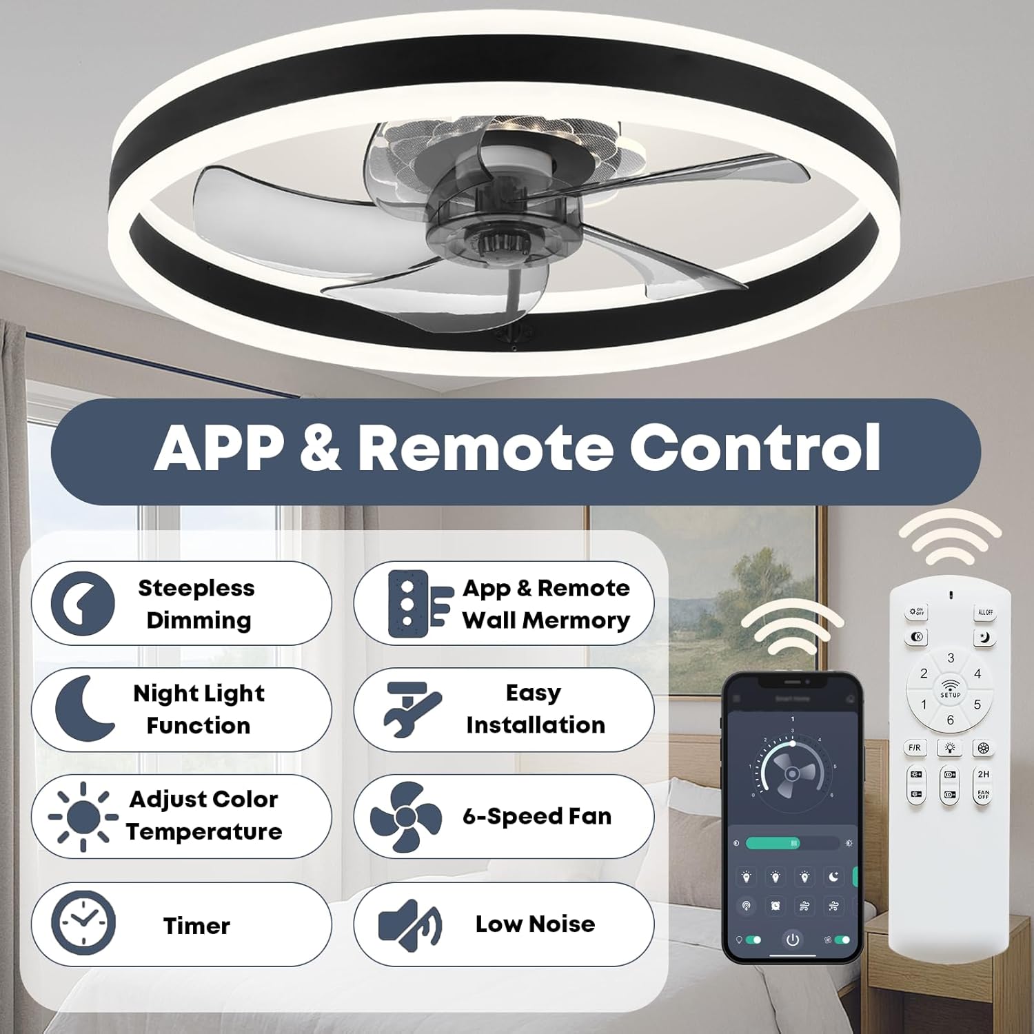 Fszdorj 23.6'' Ceiling Fan with Light, Upgraded Low Profile Fan, Flush Mount Ceiling Fan, 6 Speeds, Dimmable LED, App & Remote Control, Quiet DC Motor, for Bedroom, Living Room, F105 Black
