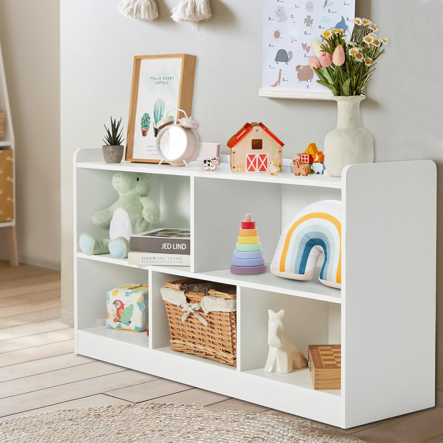 Montessori Shelf, Wooden Toy Storage Organizer for Books Toys, 2 Shelf Bookcase, 5-Section Storage Cabinet, Toddler Book Shelf for Kids Rooms, Playroom, Nursery, Kindergarten