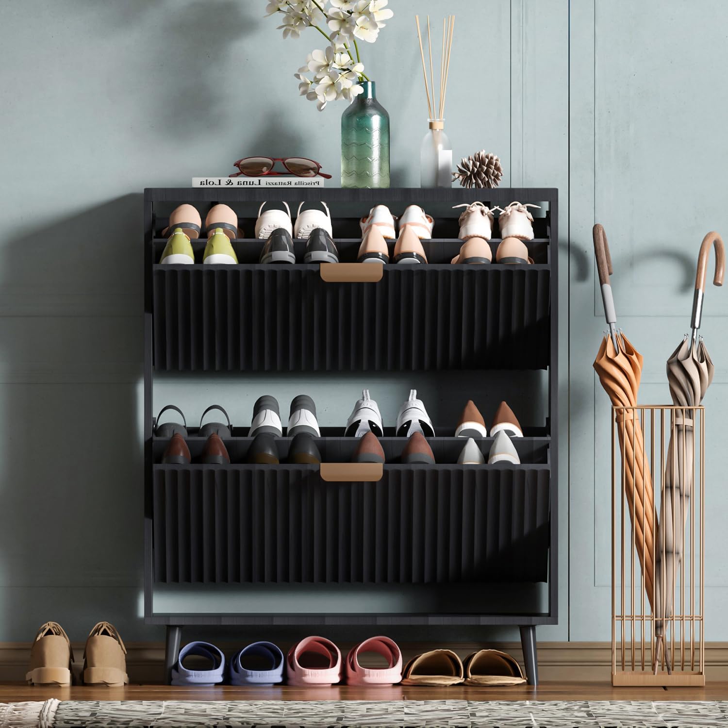 Shoe Cabinet Storage,Modern Freestanding Organizer with 2 Flip Drawers,Narrow Shoe Rack Cabinet for Entryway,Black