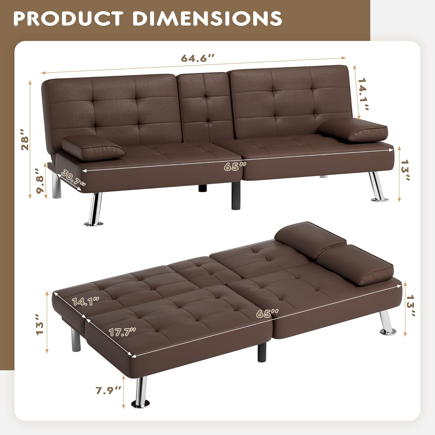 Homall Futon Sofa Bed, Leather Futon Couch with Removable Armrests, Adjustable Recliner Sleeper Sofa Bed with Dual Cup Holders for Living Room, Apartment, Office (Brown)