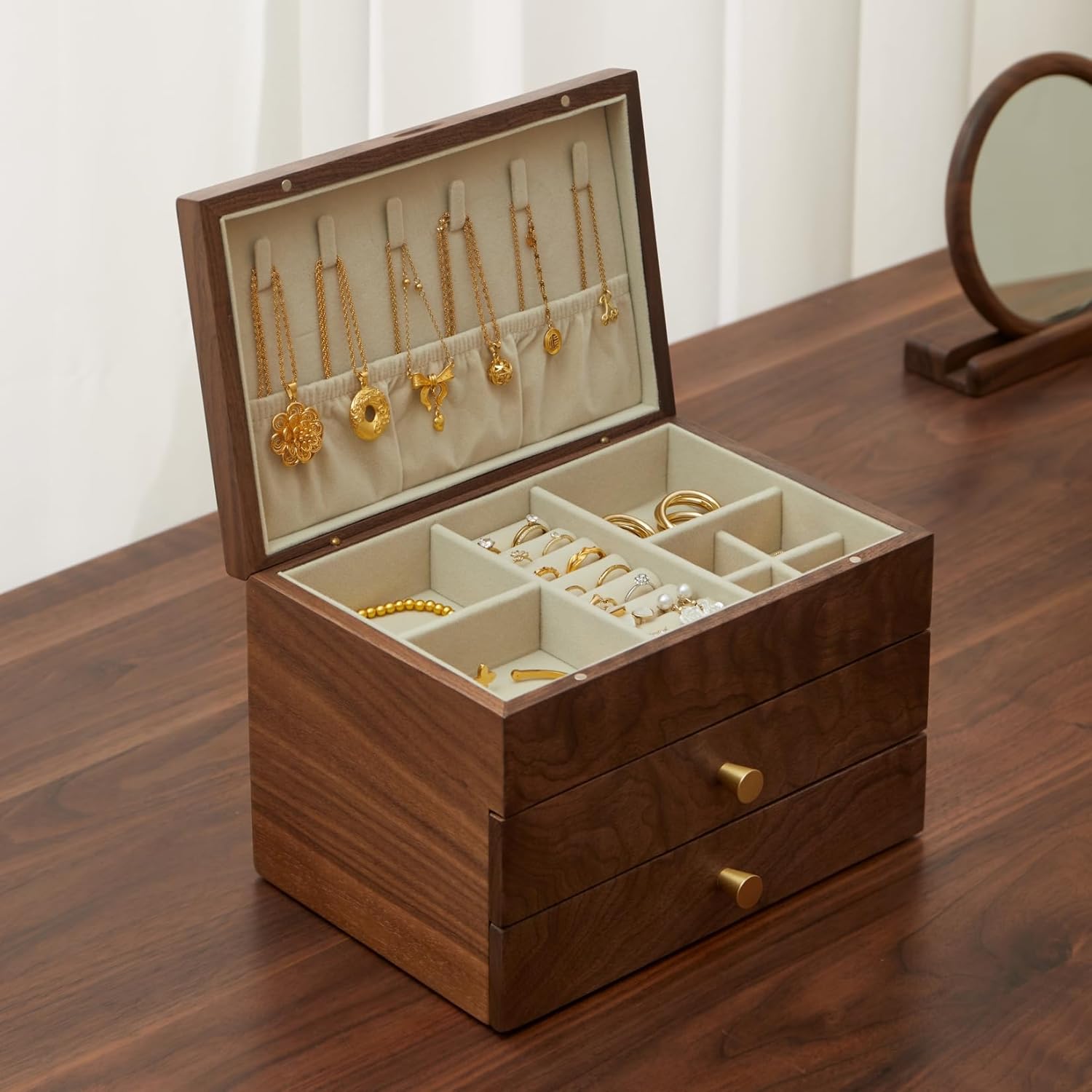 Jewelry Box Organizer for Women & Men, Black Walnut 3 Layer Wooden Jewelry Box with Velvet Lining, Earring & Ring Organizer, Large Capacity Drawer Design for Necklaces, Bracelets (3 layers)