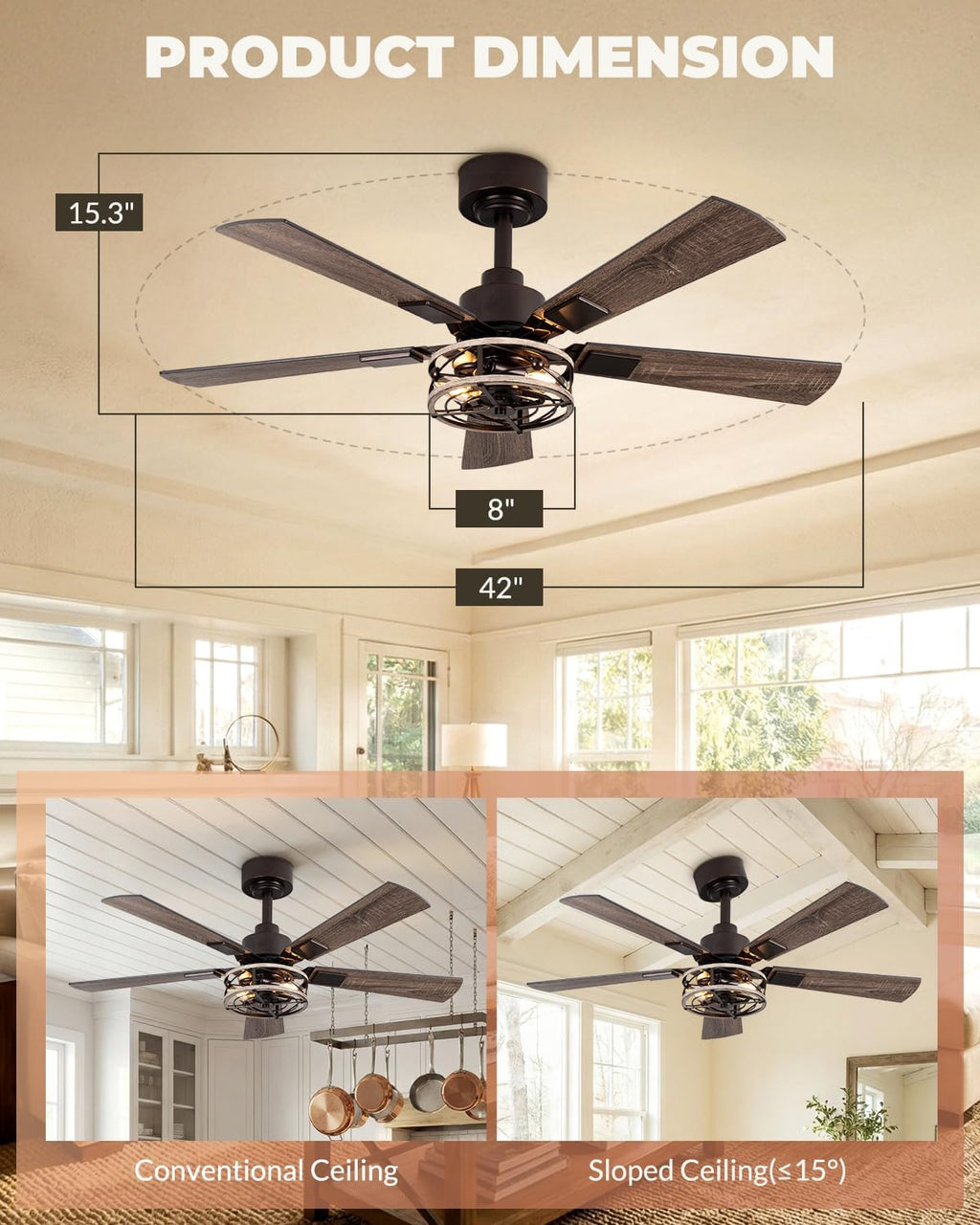 2-Pack 42 Inch Ceiling Fans with Lights, Remote Control Low Profile Flush Mount Ceiling Fan for Living Room Bedroomm, 6 Speeds Bladeless Caged Farmhouse LIghts, Quiet and Reversible DC Motor, Walnut