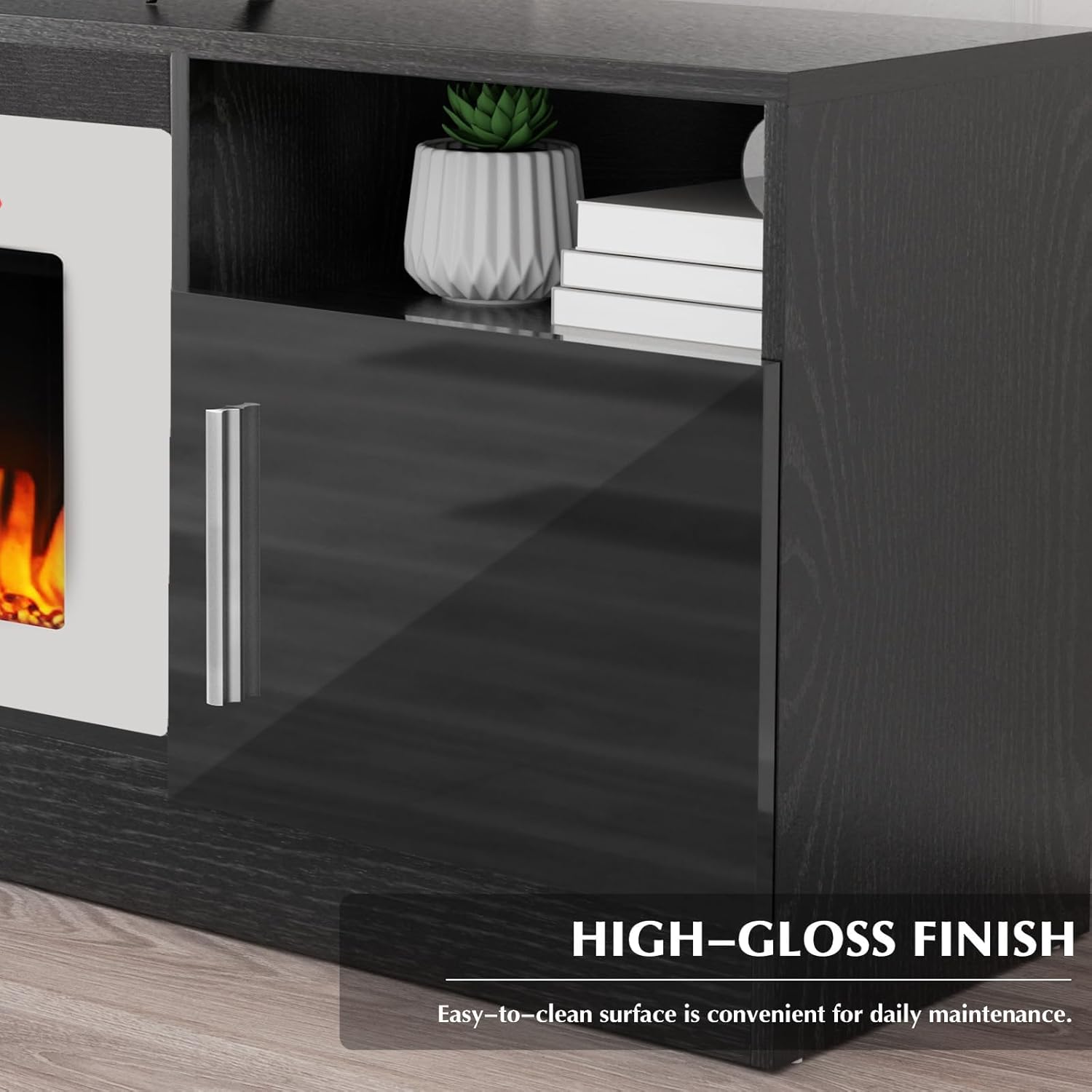 Lemberi Fireplace tv Stand with 36 inch White Fireplace Up to 80" TVs,LED Light Entertainment Center and Storage, 70" Modern Wood Media TV Console with Highlight Cabinet for Living Room