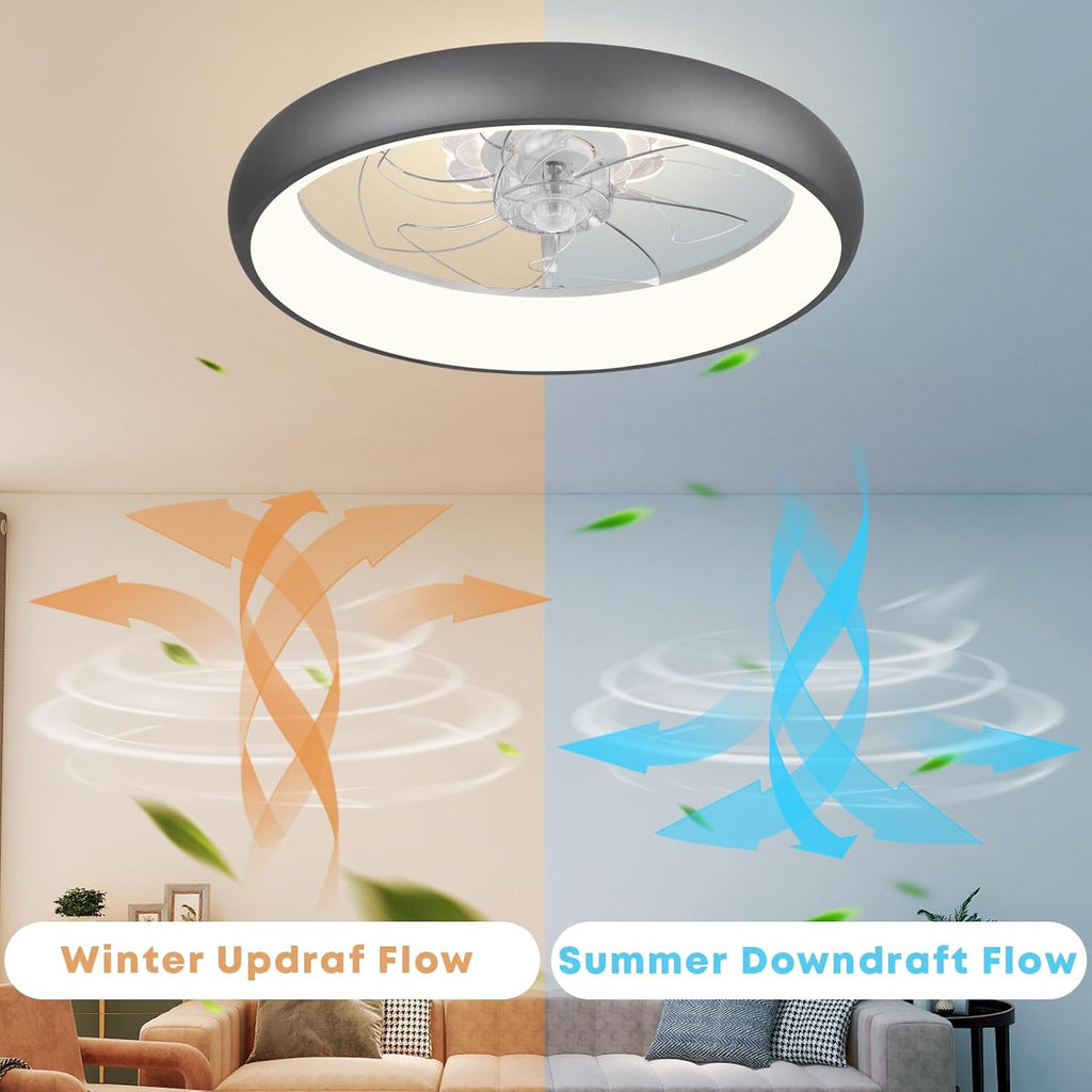 Fszdorj 20'' Ceiling Fan with Light, Upgraded Low Profile Fan, Flush Mount Ceiling Fan, 6 Speeds, Dimmable LED, App & Remote Control, Quiet DC Motor, for Bedroom, Living Room, F109 Grey