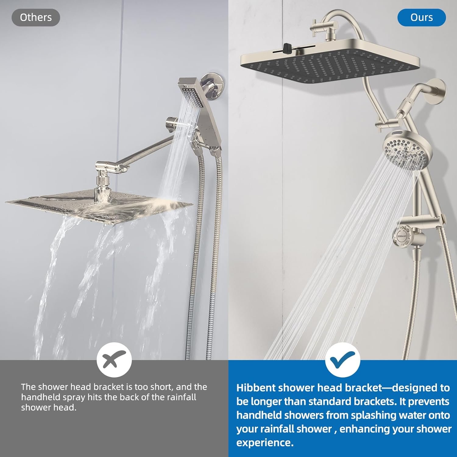 Hibbent cUPC Certified 13'' Shower Head Combo, High Pressure 5 Spray Rainfall Showerhead, 10 Spray Handheld, All Metal Easy Reach 4-way Diverter Arm with Pause Mode, 71'' Hose & Holder, Brushed Nickel
