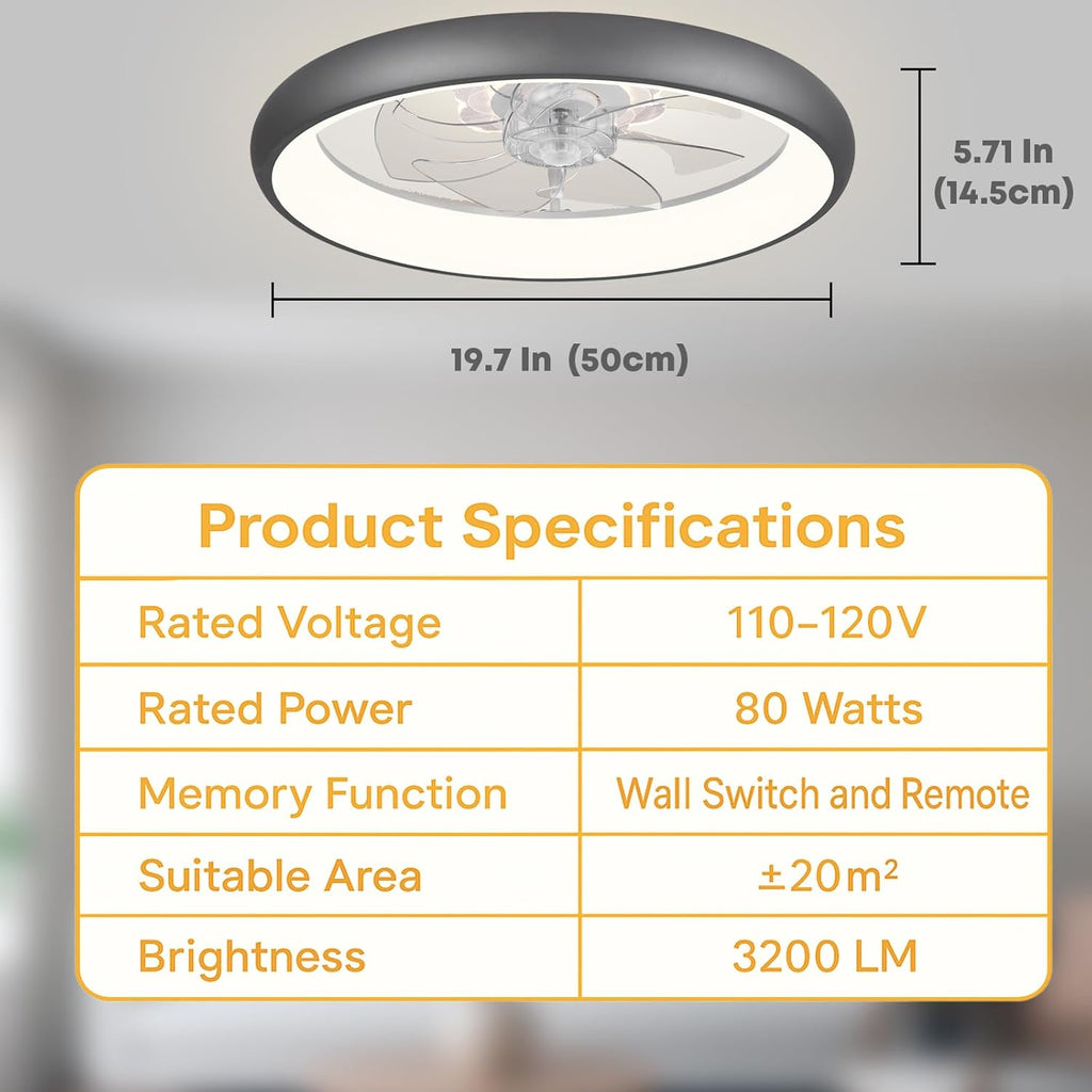 Fszdorj 20'' Ceiling Fan with Light, Upgraded Low Profile Fan, Flush Mount Ceiling Fan, 6 Speeds, Dimmable LED, App & Remote Control, Quiet DC Motor, for Bedroom, Living Room, F109 Grey