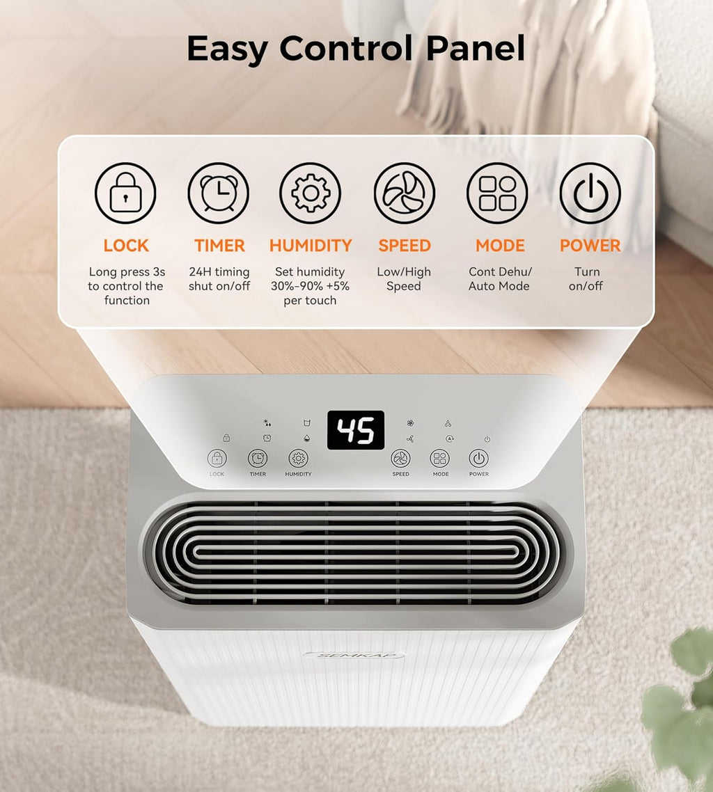 2500 Sq.Ft Dehumidifier for Basement with Drain Hose, SEMKAP 32 Pints Dehumidifiers for Home, Large Room, Bathroom, Bedroom, Low Noise With Smart Compressor, Intelligent Humidity Control, 24HR Timer