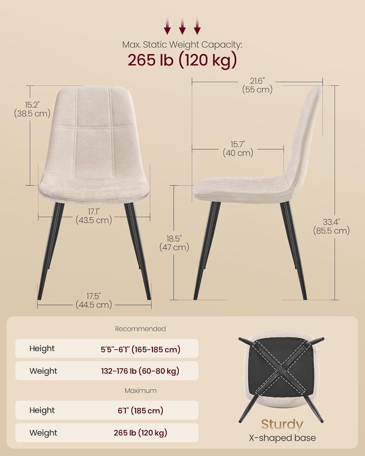 VASAGLE Dining Chairs, Set of 4 Dining Room Chairs, Metal Frame, Adjustable Feet, Easy to Clean, Chenille Fabric, Glacier-Textured Synthetic Leather, for Kitchen, Cream White UKDC188W01