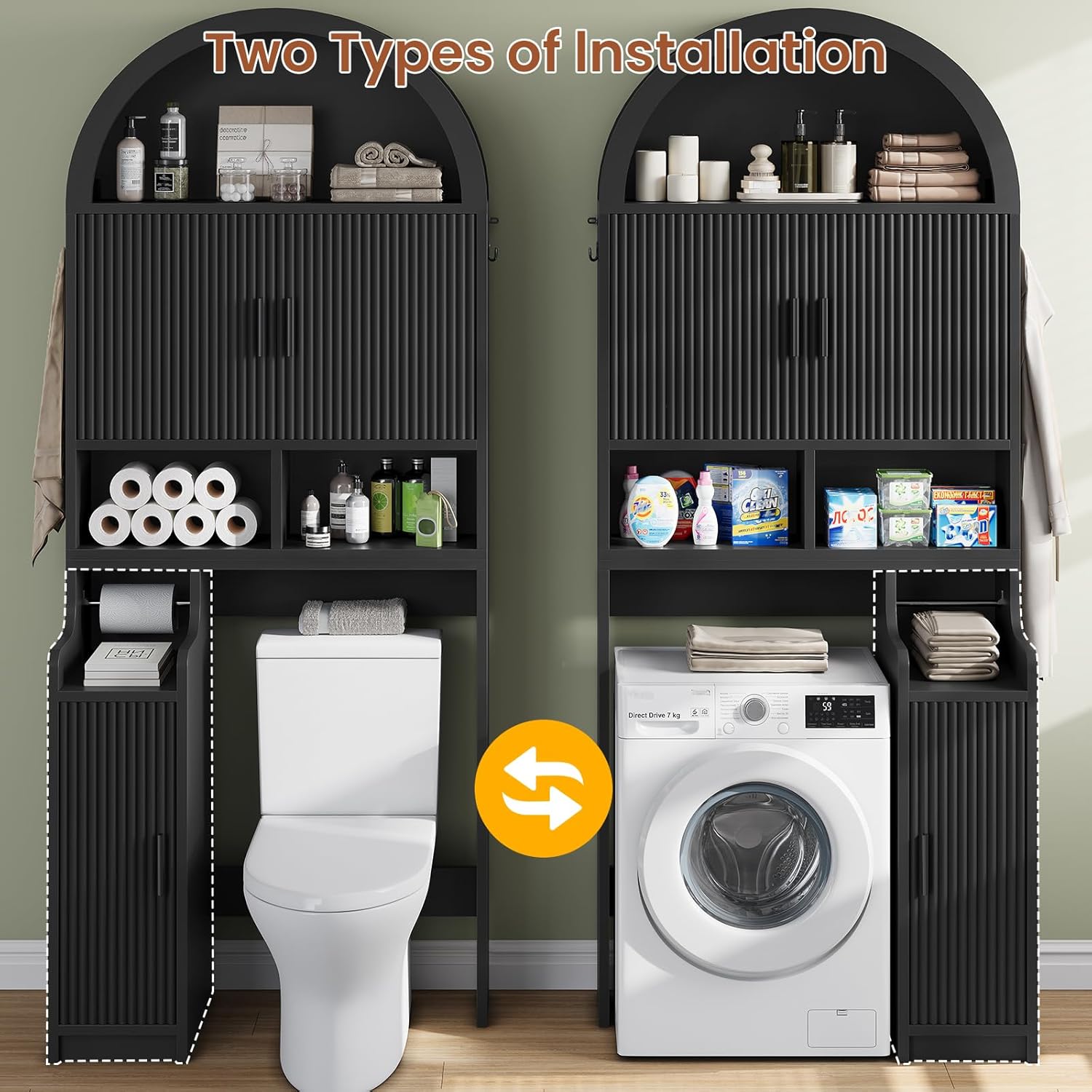 Itaar Arched Over The Toilet Storage Cabinet, 78.7" H Fluted Bathroom Organizer with Reversible Side Cabinet, Adjustable Shelves, Anti-Tipping, Hooks & Paper Holder for Bathroom Laundry Room, Black
