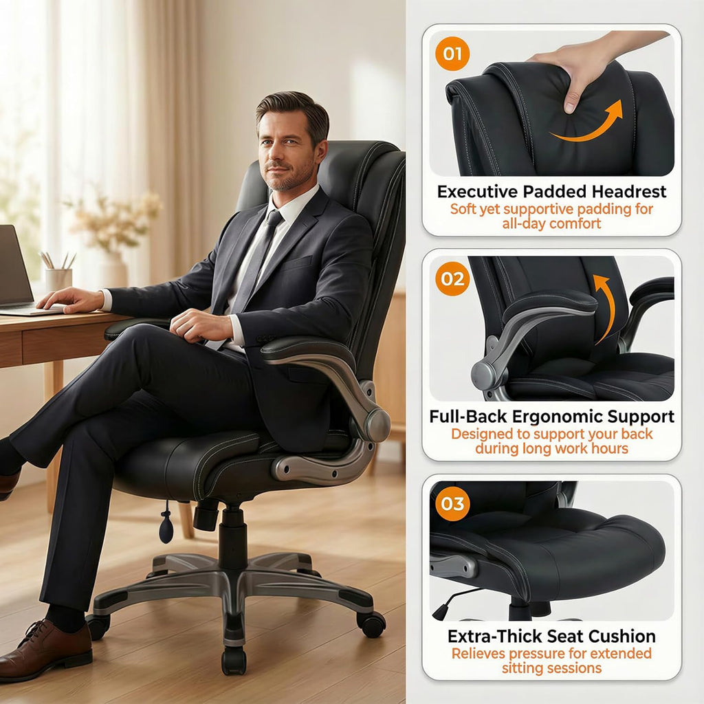 COLAMY Ergonomic Executive Office Chair, High Back Desk Chair with Adjustable Lumbar Support, Flip-Up Armrests & Thick Seat Cushion, 90°–110° Reclining Computer Chair for Home Office