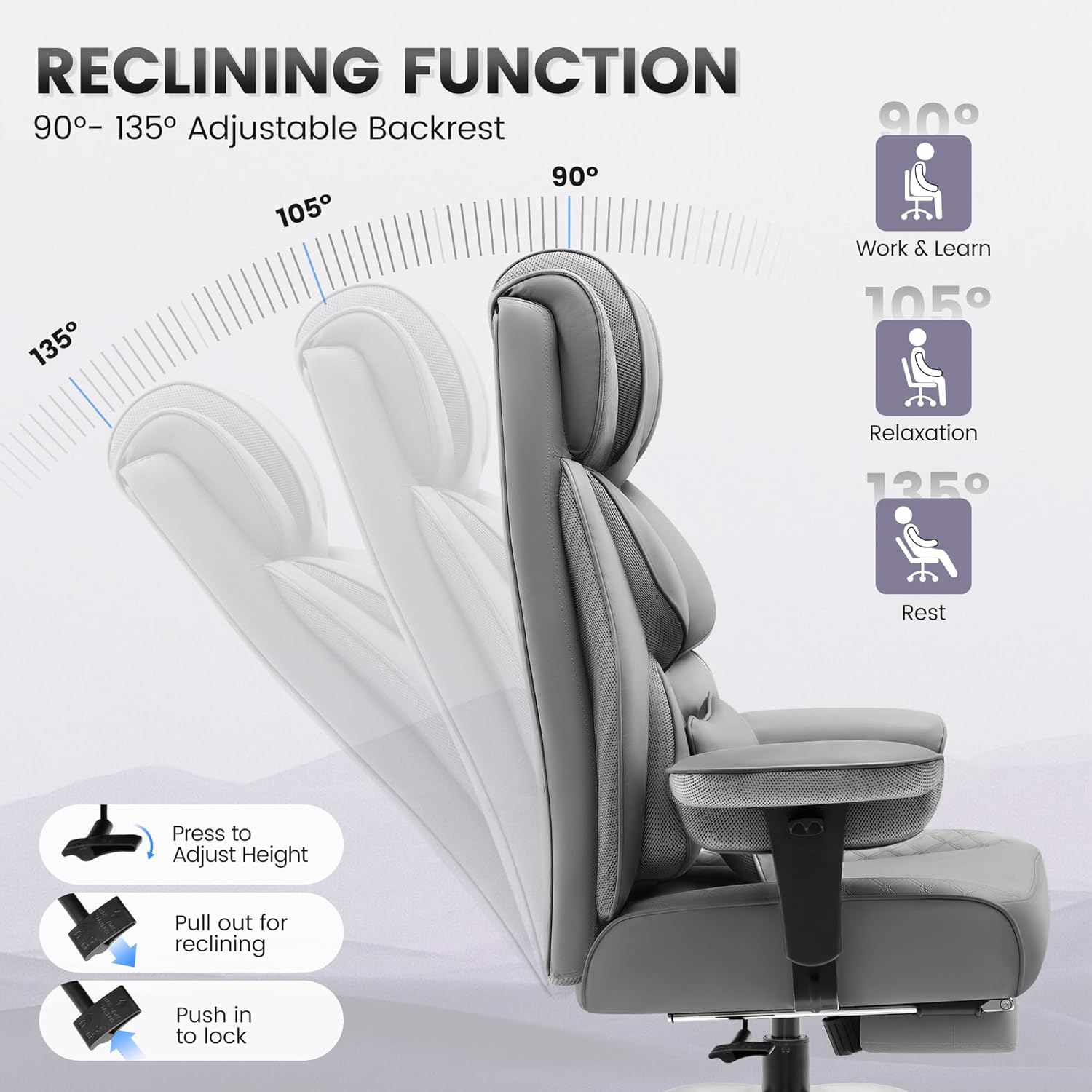 BestGlory Office Desk Chair, Big and Tall Leather Gaming Chair with Footrest, Wide Ergonomic Comfy Executive High-Back Reclining Computer Chairs, Swivel Rolling Wheels and Padded Lumbar Support, Gray