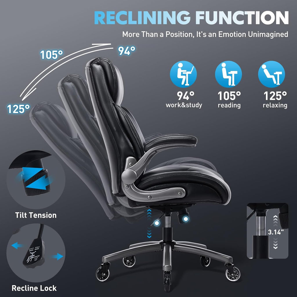 Ergonomic PU Leather Executive Office Chairs, High-Back Home Computer Chair with Lumbar Support, Flip-Up Arms, Black