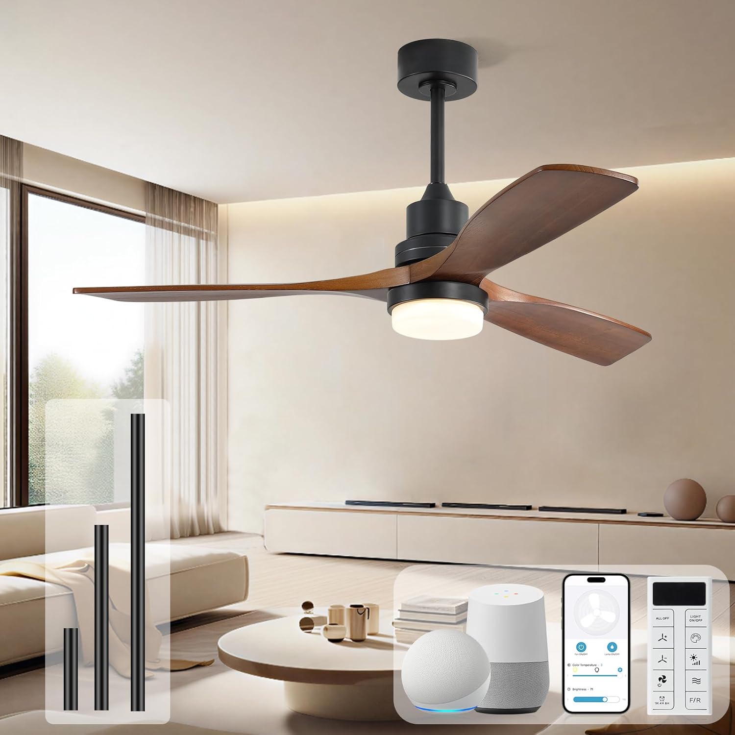 Sofucor Smart Ceiling Fan, 52" Low Profile Ceiling Fans with Lights and Remote, Compatible with Alexa/Google/App, 3-Color Light 6-Speed DC Motor Reversible Timer for Bedroom Living Room Patio Outdoor