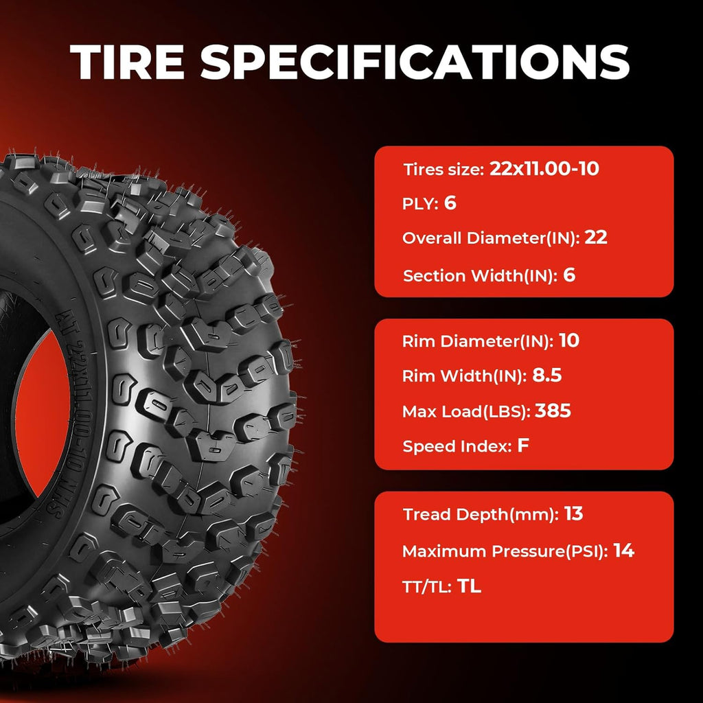 Set of 2 ATV/UTV Tires 22x11-10, 6PR 22x11x10 All-Terrain Tires, Tubeless, Puncture Resistant, Directional Tread
