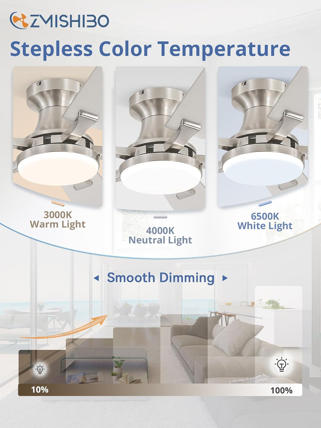 ZMISHIBO 52 Inch Ceiling Fan with Light, App&Remote Control, Flush Mount Low Profile, Dimmable 20W LED Light, Quiet Reversible Motor for Bedroom, Living Room, Apartment, Nickel