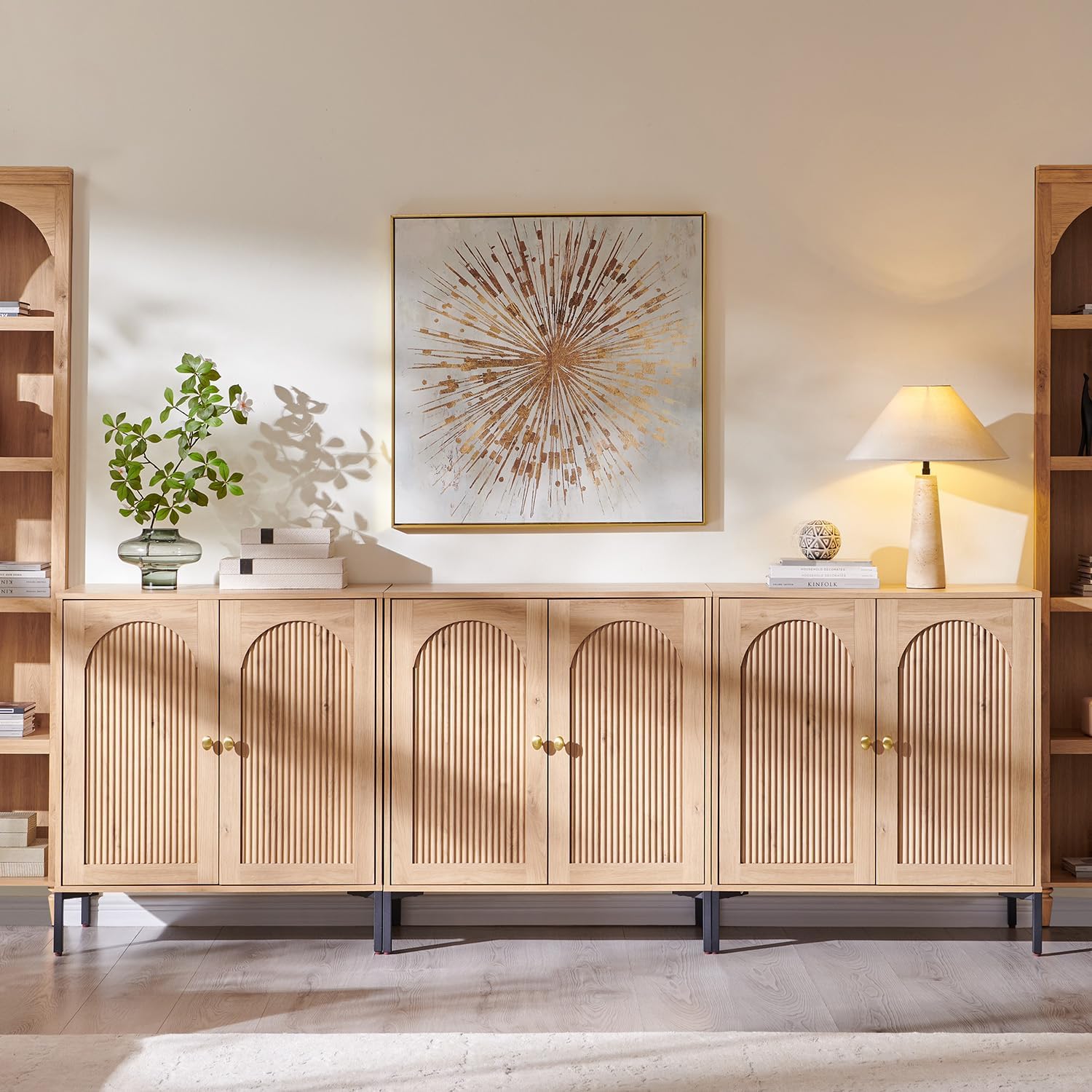 IFGET Modern TV Stands for 80 inch tvs, 92.63" W Wood Entertainment Center w/Adjustable Shelves, Mid Century Modern TV Stand w/Arched Fluted Doors, Media Console Cabinet for Living Room, Natural