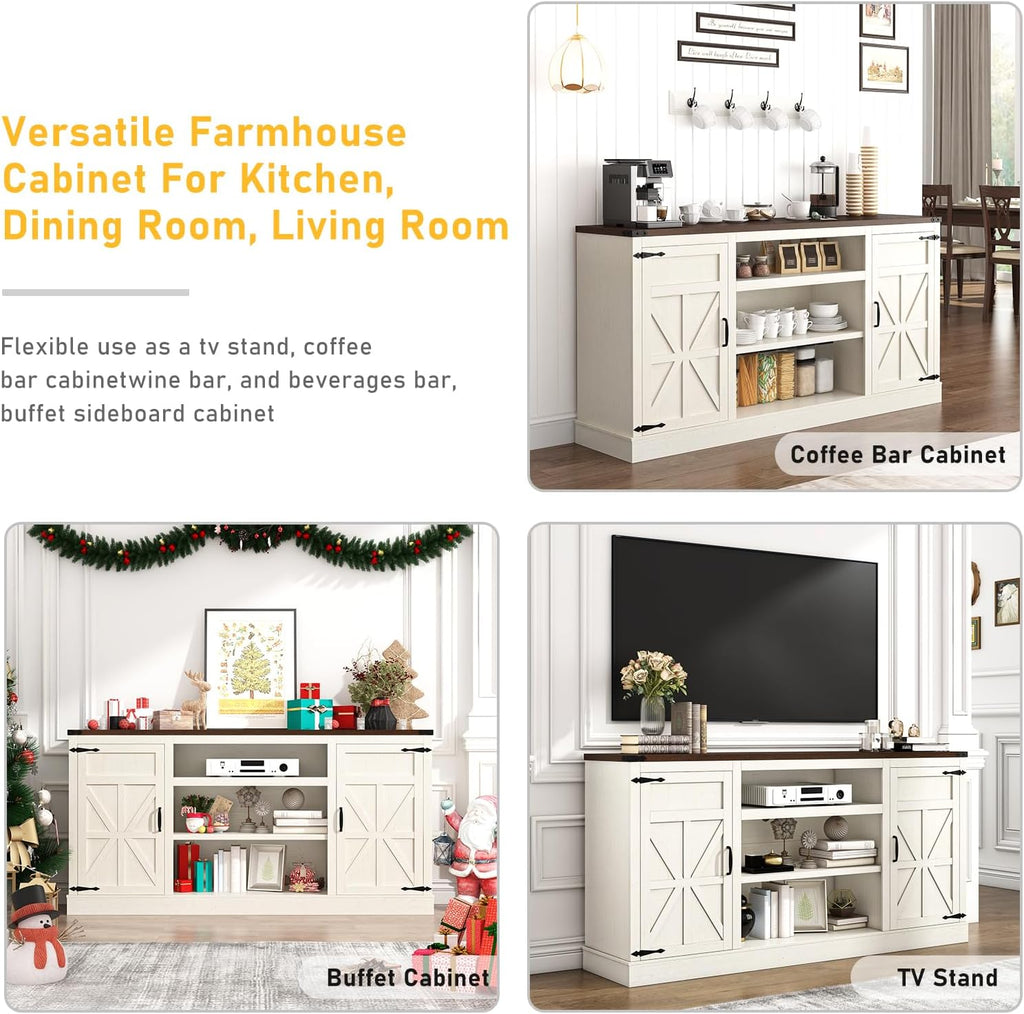 Hlivelood 66" Farmhouse TV Stand with Power Outlets for 75 Inch TVs, 33" Tall Entertainment Center with Storage Cabinets w/Adjustable Shelves, Rustic Large TV Media Console, Rustic White