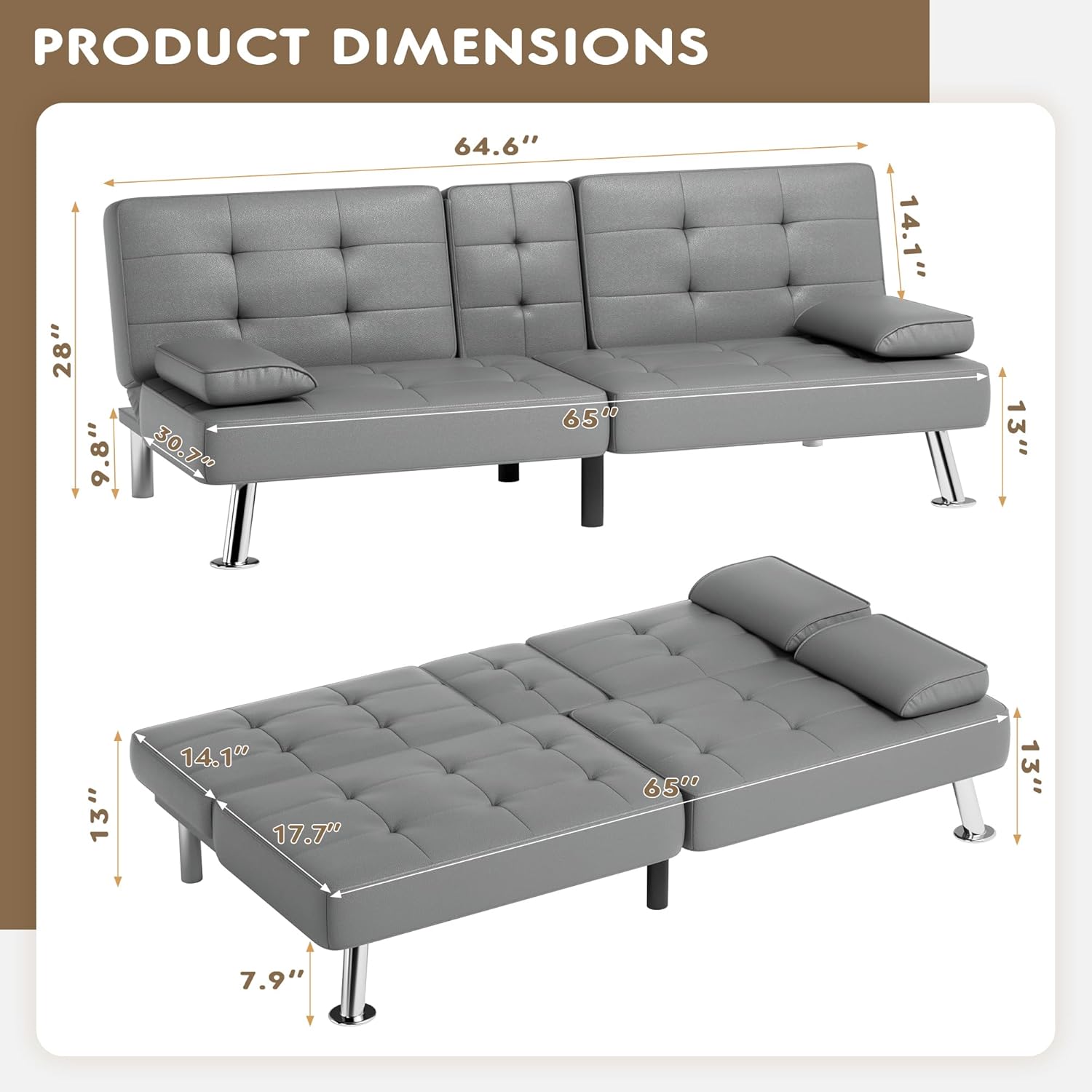 Homall Futon Sofa Bed, Leather Futon Couch with Removable Armrests, Adjustable Recliner Sleeper Sofa Bed with Dual Cup Holders for Living Room, Apartment, Office (Gray)