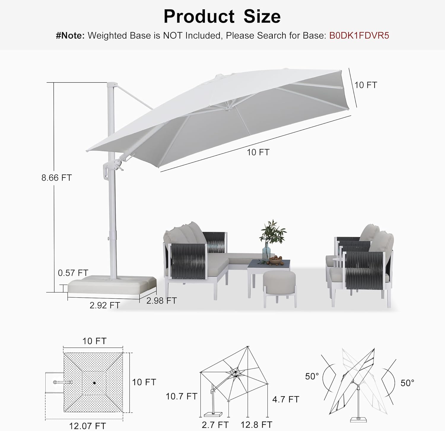 PURPLE LEAF 10 FT Right-left Tilt Patio Umbrella Swivel White Cantilever Umbrella with Tilt Aluminum Outdoor Umbrella with 360° Rotation for Deck Pool Garden, White