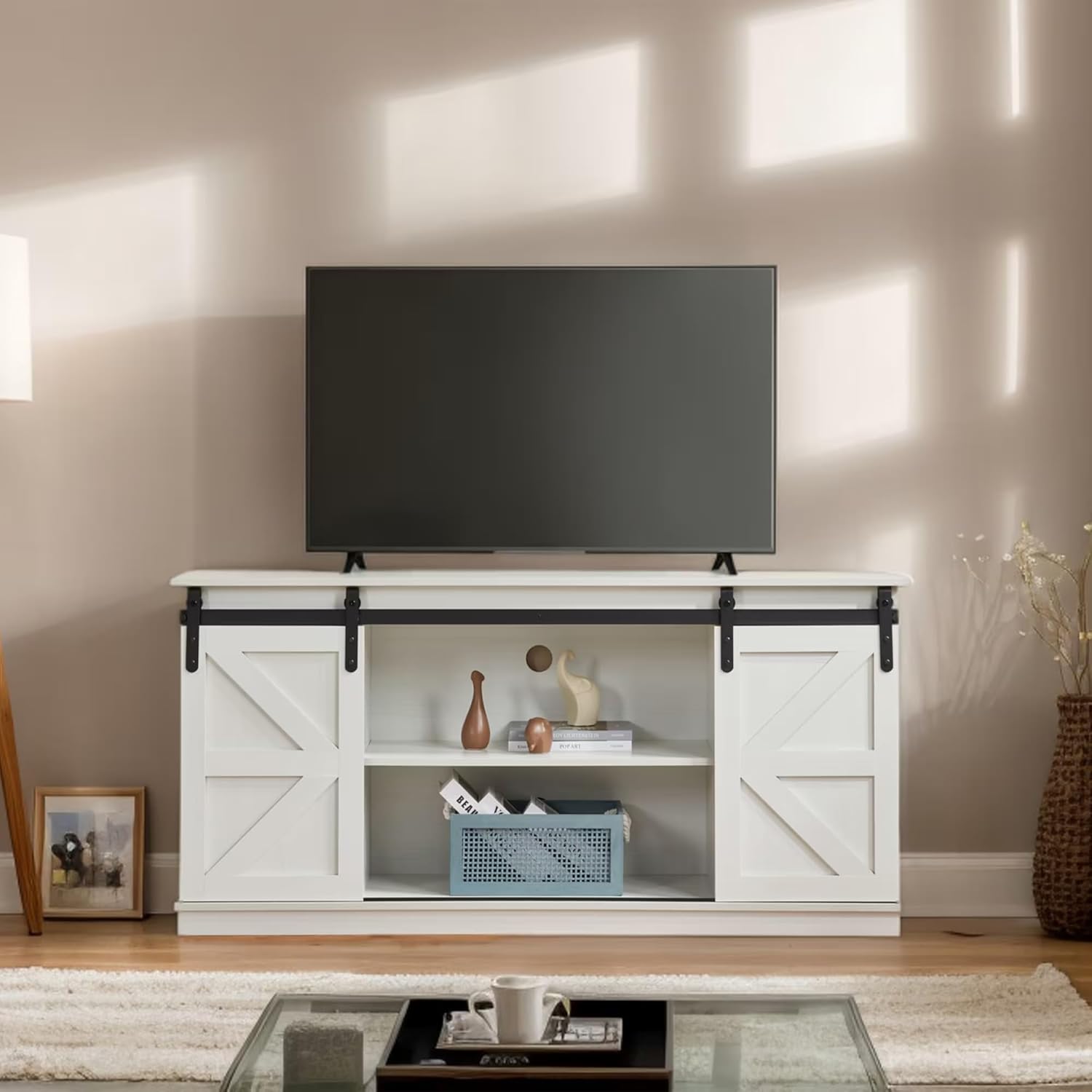 58" Farmhouse TV Stand and Entertainment Center for Televisions up to 65 Inchs,with Sliding Barn Doors and Storage Cabinets (White, Farmhouse TV Stand and Entertainment Center)