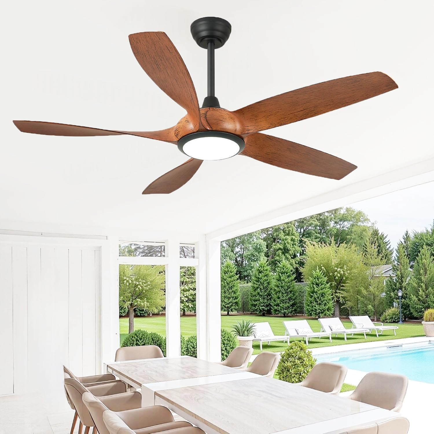 54'' Ceiling Fans with Lights, Modern Ceiling Fan with Remote Control, Outdoor Ceiling Fan for Living Room, Bedroom, 5 ABS Blades, 6 Wind Speeds, LED Dimmable (Brown & Black)