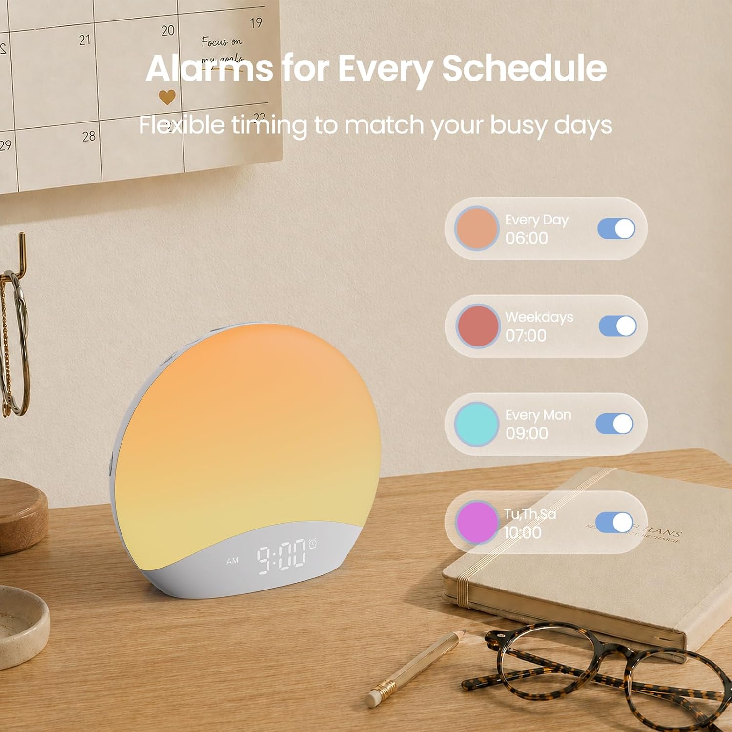 REACHER R7APP Smart Sunrise Alarm Clock with App Control, Custom Wake & Sleep Routines - Multi Sunrise Color, White Noise Sound Machine, Dimmable Display | Night Light, Screen-Free Sleep