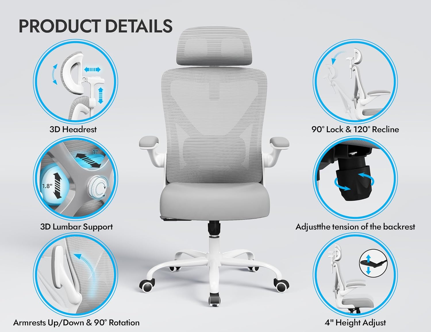 Ergalithic Ergonomic Office Chair - Computer Desk Chairs Comfy, Mesh High-Back Gaming Chair with Adjustable Lumbar Support, Executive Task Chair for Adults, Comfortable for Long Hours (Grey Silver)
