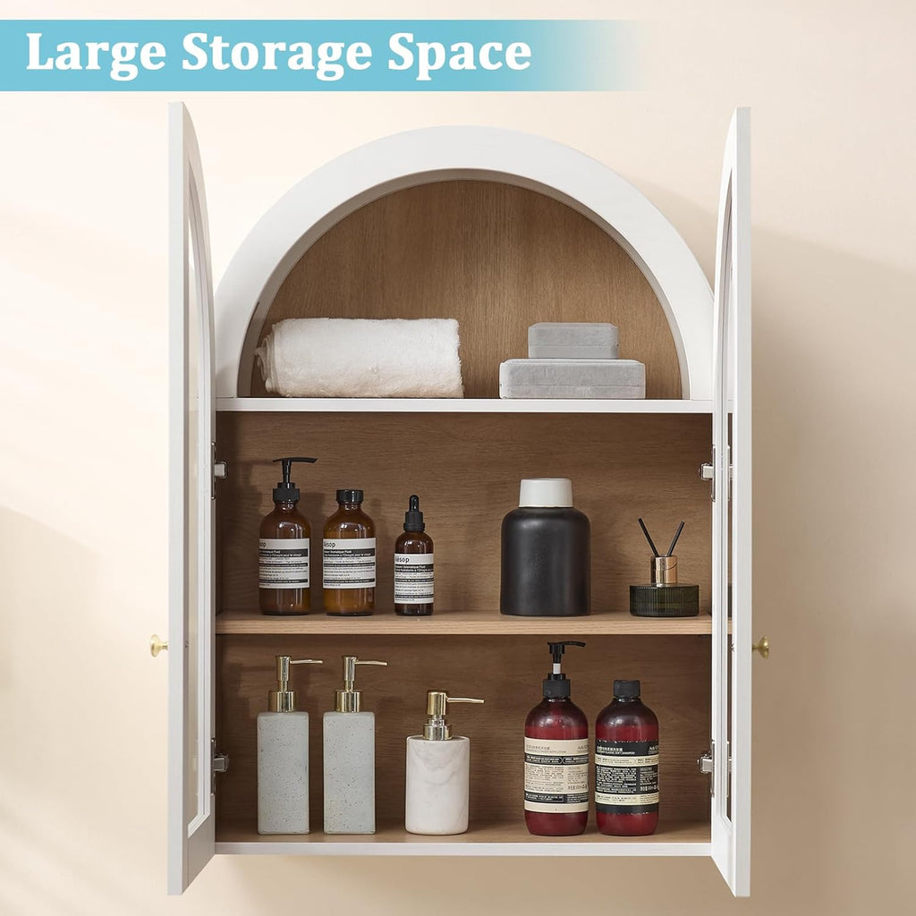Bathroom Arched Wall Cabinet, 23.5'' Wide Medicine Cabinet, Bathroom Cabinet Wall Mount with Glass Doors & Adjustable Shelves, Over The Toilet Storage Cabinet for Laundry Room, Bedroom,Kitchen, White