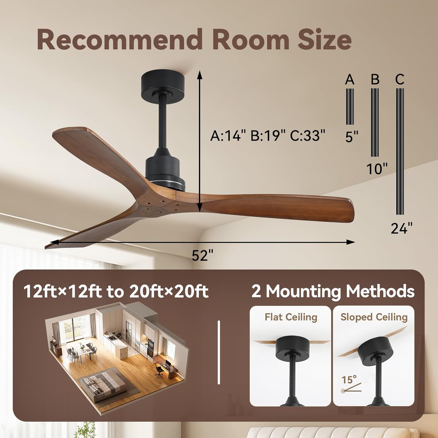 Sofucor Smart Ceiling Fan no Lights, 52" Low Profile Ceiling Fans with Remote, Compatible with Alexa/Google/App, 6-Speed Timing Reversible DC Motor for Bedroom Living Room Patio Indoor Outdoor