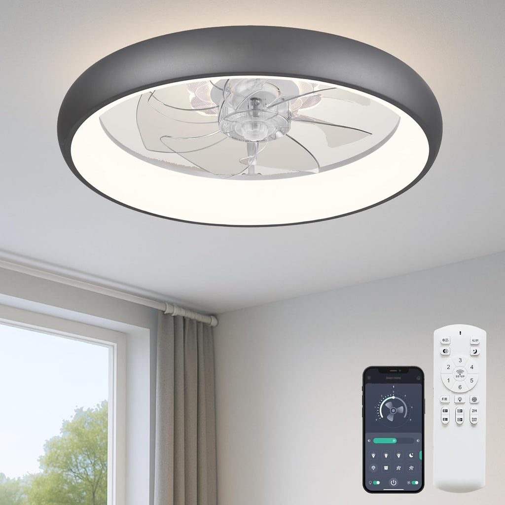 Fszdorj 20'' Ceiling Fan with Light, Upgraded Low Profile Fan, Flush Mount Ceiling Fan, 6 Speeds, Dimmable LED, App & Remote Control, Quiet DC Motor, for Bedroom, Living Room, F109 Grey