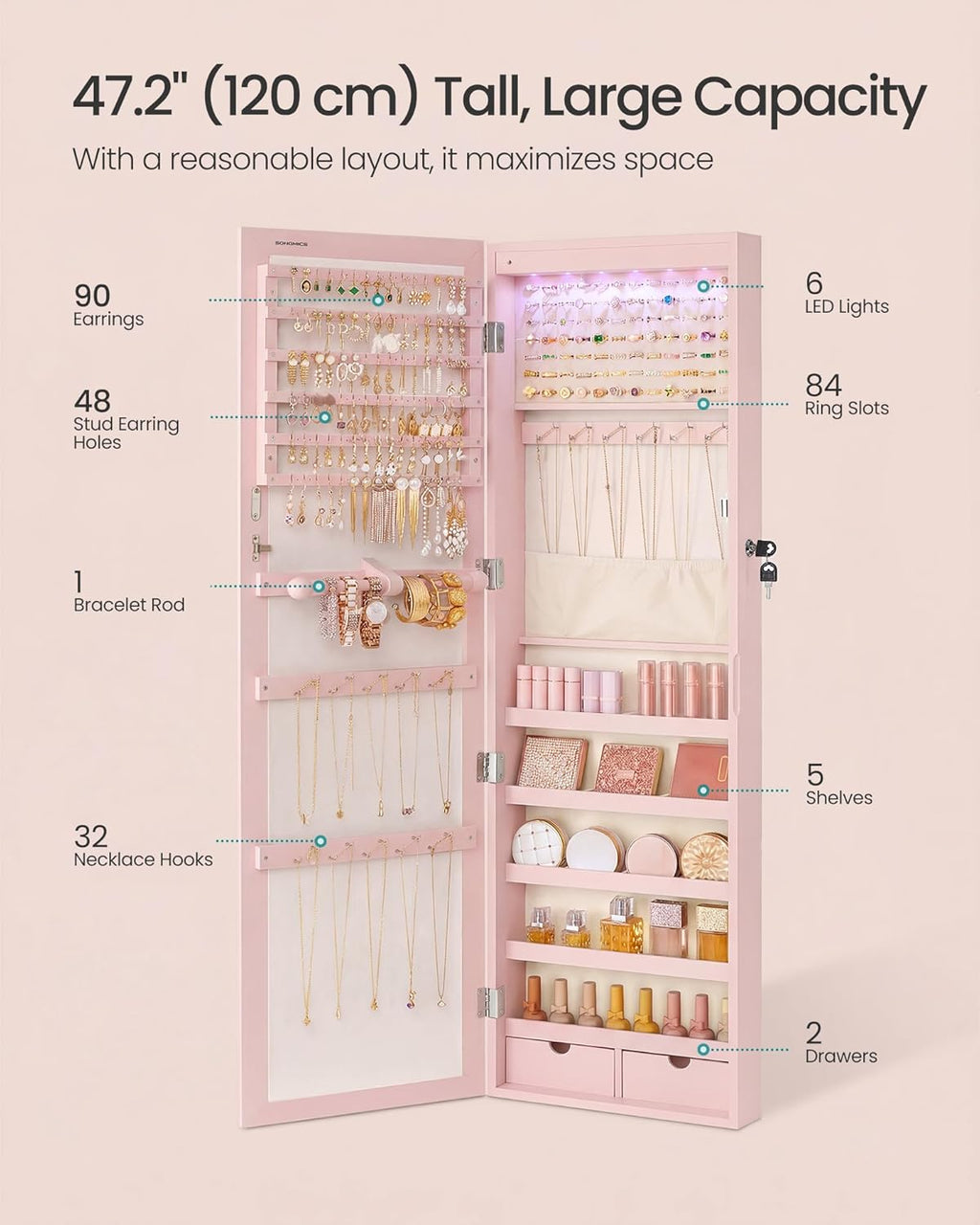 SONGMICS 6 LEDs Mirror Jewelry Cabinet, 47.2-Inch Tall Lockable Wall or Door Mounted Jewelry Armoire Organizer with Mirror, 2 Drawers, 3.9 x 14.6 x 47.2 Inches, Jelly Pink UJJC093SA02S