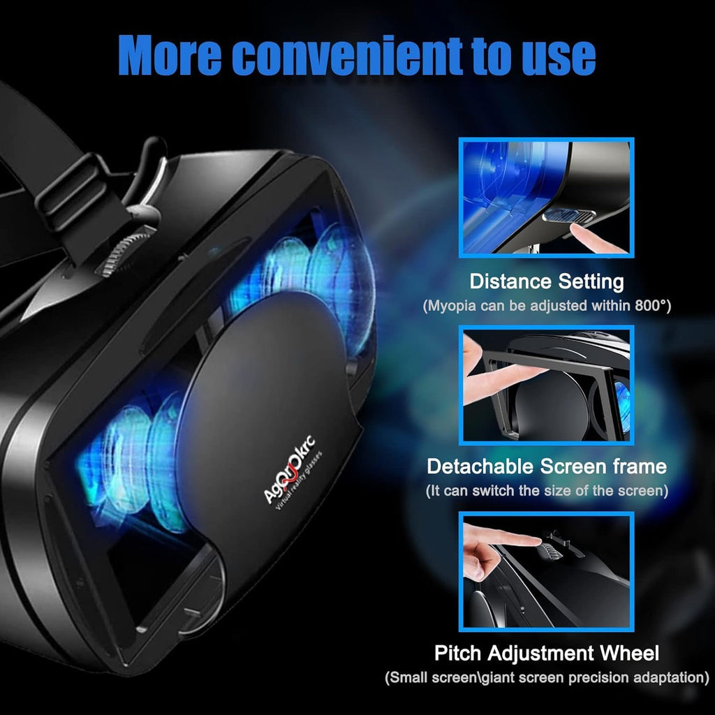 VR Headset with Controller Adjustable 3D VR Glasses Virtual Reality Headset HD Blu-ray Eye Protected Support 5~7 Inch for Phone/Android (Black)
