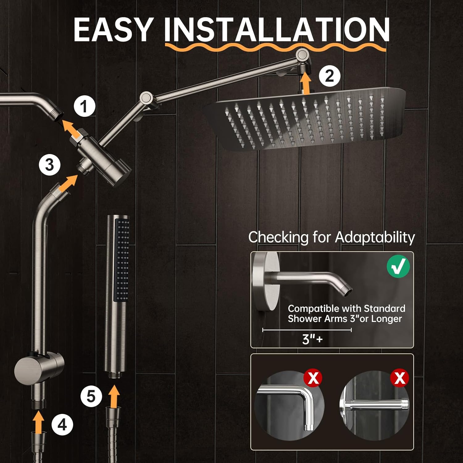 Veken All Metal 10" Brushed Nickel Shower Head with Handheld, Luxurious Square High Pressure Double Rain Shower Heads with Power-wash Hand Held, Dual Detachable Rainfall Showerhead,Bathroom Upgrade