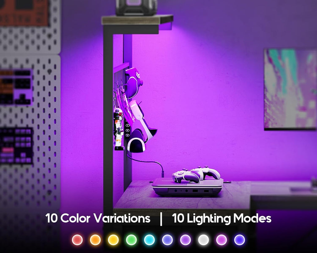 MOTPK 43” L Shaped Gaming Desk for Small Rooms, Compact Corner Computer Table with Shelf & Hutch, 4 Drawers, Reversible Study Table with LED Light, Power Outlets & USB Ports, Home Office, Grey Oak